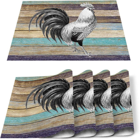 WARM TOUR Table Placemats Set of 4, Farm Cock Rooster on Retro Wood Grain Heat Resistant Place Mats Washable Cotton Linen Table Mats for Dining Kitchen, Easy to Clean, America Retro Country Theme