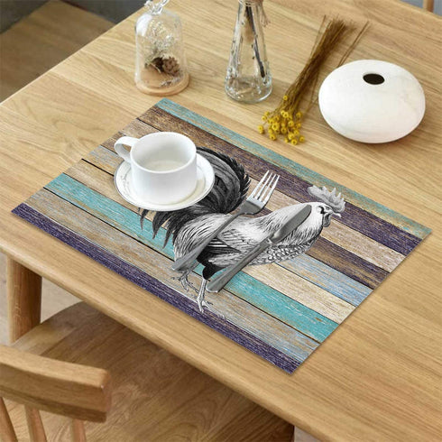 WARM TOUR Table Placemats Set of 4, Farm Cock Rooster on Retro Wood Grain Heat Resistant Place Mats Washable Cotton Linen Table Mats for Dining Kitchen, Easy to Clean, America Retro Country Theme