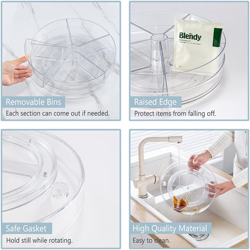 Empaxum Clear Lazy Susan Organizer with 5 Removable Bins 10.6" Plastic Lazy Susan Turntable for Cabinet Rotating Snack Organizer Divided Spinning Storage for Kitchen, Pantry, Countertop, Bathroom