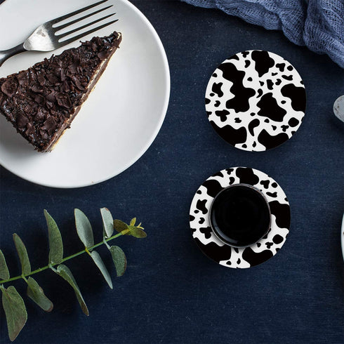 Set of 4 Coasters for Drinks, Absorbing Stone Cow Print Animal Themed Black and White Ceramic Round Coaster with Cork Base No Holder, for Housewarming Coffee Kitchen Room Bar Decor (4 Inch)