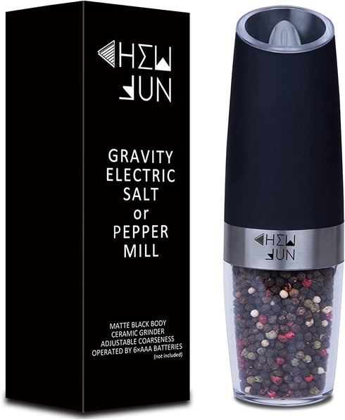 Electric Gravity Pepper Grinder or Salt Mill with Adjustable Coarseness Automatic Pepper Mill Grinder Battery Powered with Blue LED Light,One Hand Opetated Brushed Stainless Steel by CHEW FUN