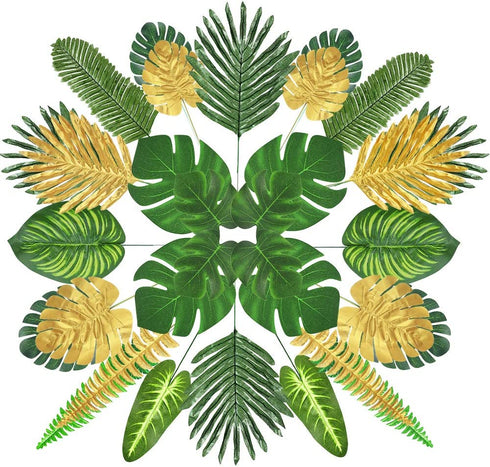Auihiay 80 Pieces 13 Kinds Artificial Palm Leaves Golden Tropical Leaf with Stems Jungle Leaves Decorations for Hawaiian Luau Party Beach Baby Shower Wedding Birthday Decorations