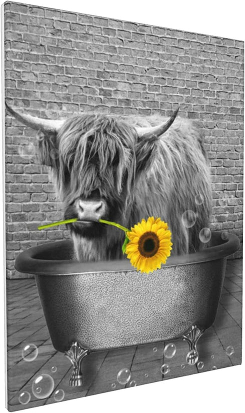 NIALLIAZ Cow Sunflower Canvas Wall Art Funny Animal And Bathing In The Bathtub Decor Black White Pictures Giclee Print Modern Artwork Paintings For Living Room Bedroom Bathroom, 12 X 16 inch