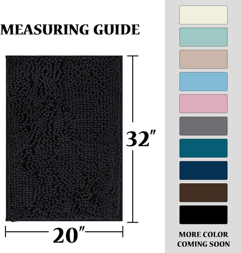 Bath Rug for Bathroom 20x32 Non Slip Bathroom Rug Water Absorbent Washable Rug Mat for Indoor Extrance Feature Extra Thick Bouncy Fluffy Chenille, Black - 20" x 32"