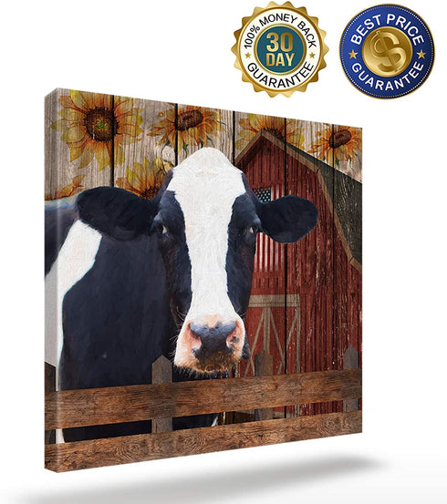 Farmhouse Cow Canvas Print Wall Art Oil Paintings Creative Picture Prints Artwork for Home Bedroom Bathroom Decor,Stretched and Framed Ready to Hang, Country Rustic Wood Barn Fence and Sunflower