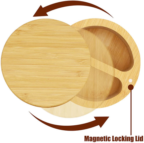 Salt and Pepper Bowls, Salt Keeper with Swivel Lid and Magnet to Keep Dry, Bamboo Salt Cellar with Two Spoons, Two Deep Compartments for Counter