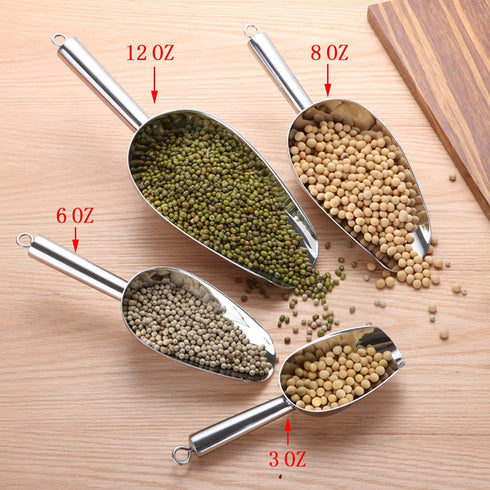 Kenbutsu Stainless Steel Ice Scoop 6 Ounces Set of 2, 8.25 Inch Small Metal Food Scoops for Kitchen Party Bar Wedding, Durable & Heavy Duty, Mirror Finish & Anti Rust, Dishwasher Safe.