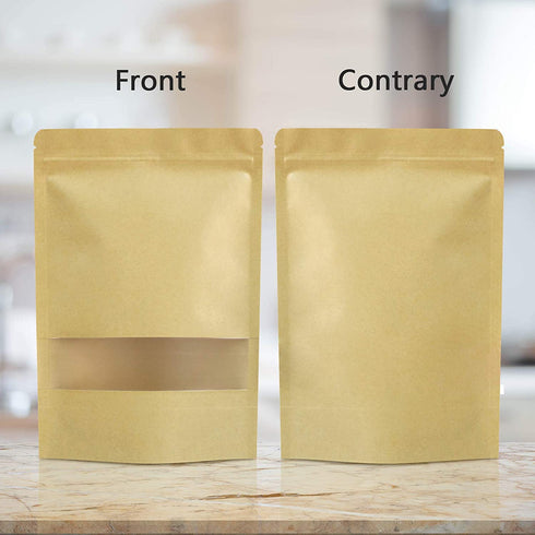 100 Pcs Resealable bags,4.7" x 7.9" Stand Up Kraft Paper Bags with Matte Window, Zip Lock Food Storage Bags for Packaging Products, Reusable, Sealable