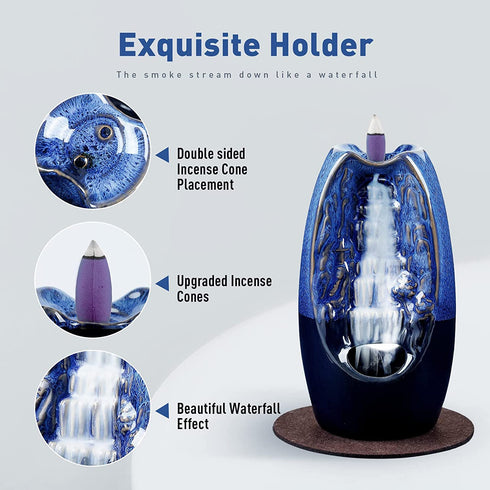 Ronlap Dual Sided Incense Waterfall Burner, Ceramic Backflow Smoke Incense Holder, Cool Aromatherapy Fountain Reverse Smoke Waterfall with 120 Incense Cones+30 Incense Sticks+1 Tweezer+1 Mat, Navy