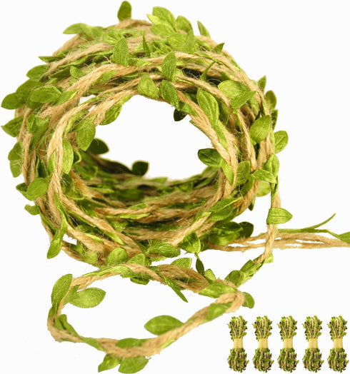Naidiler 196 Ft Green Leaf Ribbon Jute Burlap Twine Vine with Artificial Leaves for Safari Decor Baby Shower Jungle Decor and DIY Wreath Wraping Craft