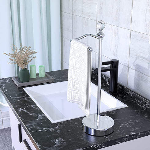 ROLABAM Towel Rack (with Crystal Finial) Hand Towel Holder Stand Total Height 15.7" for Bathroom Vanity Countertop, Kitchen, Steel Towel Holder Stand , Chrome