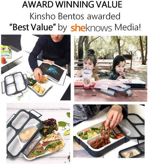 Bento Lunch Box For Adults, Kids | Leakproof Meal Prep Portion Control Boxes Japanese Style for Boys Teens 3 Compartment Slim Container For Work, School | Eco-friendly Divided Containers, Grey - Black