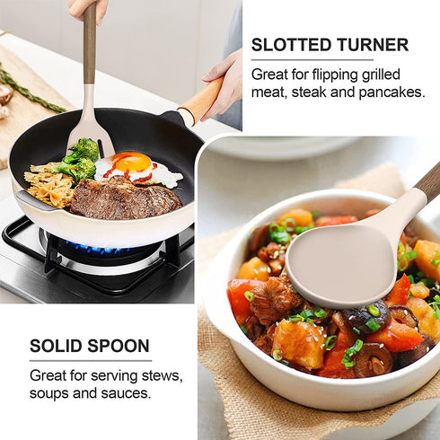 Silicone Kitchen Utensils Set, Deedro 7 Pieces Cooking Utensils Set Silicone Spatula Set with Natural Acacia Wooden Handle, High Heat Resistant Kitchen Gadgets Tools Set, Khaki