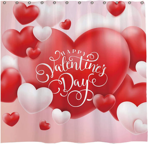 Allenjoy 72x72 inch Valentine's Day Shower Curtain Set Romantic Red and White Heart Shaped Balloons Decor Home Bathroom Bathtub Curtains Durable Waterproof Washable Fabric with 12 Hooks