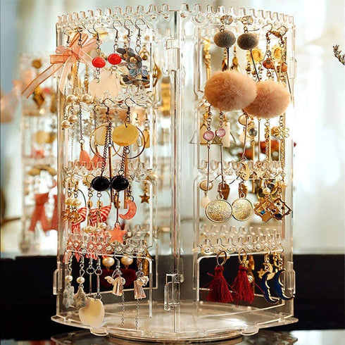 Suwimut 2 Pack Acrylic Earring Holder Jewelry Organizer, 360 Rotating 4 Tiers Clear Jewelry Rack Display Stand, 156 Holes and 160 Grooves for Women Girls Necklaces, Earrings, Piercings