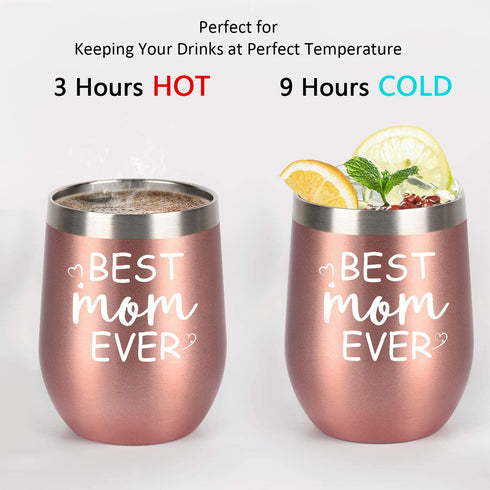 Gingprous Best Mom Ever Wine Tumbler with Lid and Straw, Mother's Day Birthday Gifts for Mom Mommy Mother, Stainless Steel Insulated Mom Wine Tumbler with Saying for Women (12 Oz, Rose Gold)