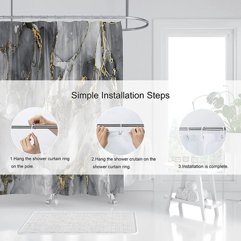 DOMOKU Marble Shower Curtain Black Grey Gold Luxurious Golden Cracked Lines Abstract Pattern Texture Modern Marble Shower Curtain Painting with 12Hooks 72x72Inch