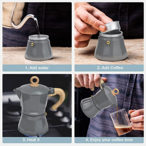 KASSO Stovetop Espresso Maker, 6 Cup Aluminum Moka Pot for Classic Espresso, Italian Coffee Maker for Home and Camping, Easy to Operate & Quick Cleanup (Grey and Burlywood)
