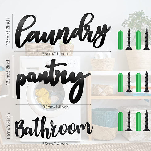 3 Pieces Laundry Pantry Bathroom Metal Sign Metal Bathroom Letters Wall Decor Black Pantry Wall Sign Black Letters Bathroom Decor Laundry Hanging Metal Wall Art for Home Decor, Double-Sided Printed