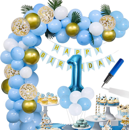 1st Birthday Party Decorations - Blue and Gold Macaron Balloons Arch Garland Kit - Air Pump, Aluminum Foil Paper No.1 Balloon, Gold Confetti Balloons, Gold Balloons, Pine Needles, Pull the Flag - Baby Birthday Decoration - Boy Or Girl