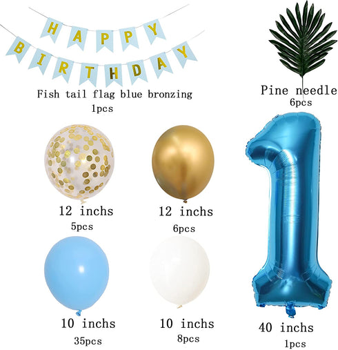 1st Birthday Party Decorations - Blue and Gold Macaron Balloons Arch Garland Kit - Air Pump, Aluminum Foil Paper No.1 Balloon, Gold Confetti Balloons, Gold Balloons, Pine Needles, Pull the Flag - Baby Birthday Decoration - Boy Or Girl