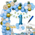 1st Birthday Party Decorations - Blue and Gold Macaron Balloons Arch Garland Kit - Air Pump, Aluminum Foil Paper No.1 Balloon, Gold Confetti Balloons, Gold Balloons, Pine Needles, Pull the Flag - Baby Birthday Decoration - Boy Or Girl