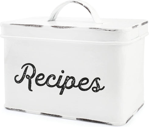 AuldHome Rustic White Recipe Box; Enamel Farmhouse Recipe Holder and Organizer for 4 x 6 Inch Recipe Cards
