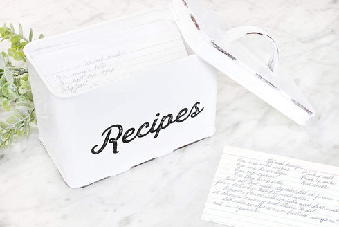 AuldHome Rustic White Recipe Box; Enamel Farmhouse Recipe Holder and Organizer for 4 x 6 Inch Recipe Cards