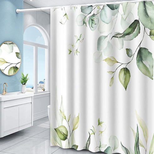 Green and White Shower Curtain Green Leaves Fabric Shower Curtains Botanical Themed Floral Shower Curtain for Bathroom Watercolor Leaf Shower Curtain Sets Waterproof with Hooks, 72? X 72?