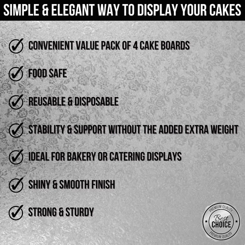 12 Inch Cake Boards - 4-Pack Cake Drums 12 Inch Dia. - Disposable Silver Cake Board Circles - Reusable Round Cake Boards - Cake Base Cardboard Cake Rounds - Cake Decorating Supplies & Baking Supplies
