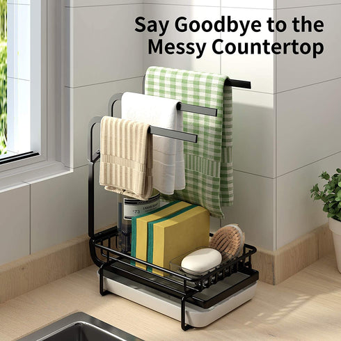 ICEETING Kitchen Sink Organizer, Sponge Holder with Towel Rack, with Drain Pan, for Kitchen Sink or Bathroom Storage,Sponge Brush Soap Dish Dishcloth Rack