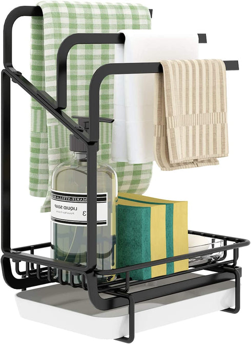ICEETING Kitchen Sink Organizer, Sponge Holder with Towel Rack, with Drain Pan, for Kitchen Sink or Bathroom Storage,Sponge Brush Soap Dish Dishcloth Rack