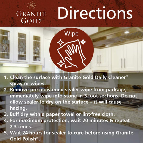 Granite Gold Sealer Wipes Water-Based Sealing to Preserve and Protect Granite, Marble, Travertine, Natural Stone Countertops-Made in the USA, 6 Count, White