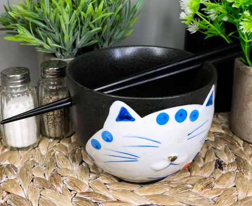 Ebros Whimsical Ceramic Black Lucky Meow Cat Pasta Ramen Udong Pho Noodles Soup Bowl and Chopsticks Set Dining Gourmet Meal Feline Cats Collection Rice Bowls Decor Kitchen