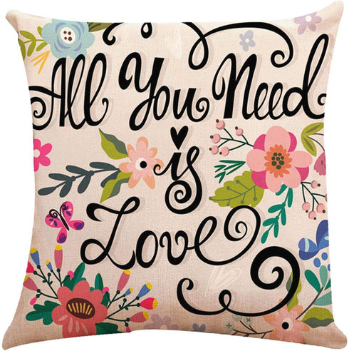ZUEXT Spring Floral Love Throw Pillow Covers 16x16 Inch, Set of 4 Square Cotton Linen Outdoor Cushion Pillowcases for Sofa Couch Home Decor Valentines Mother's Birthday Day Housewarming Gift