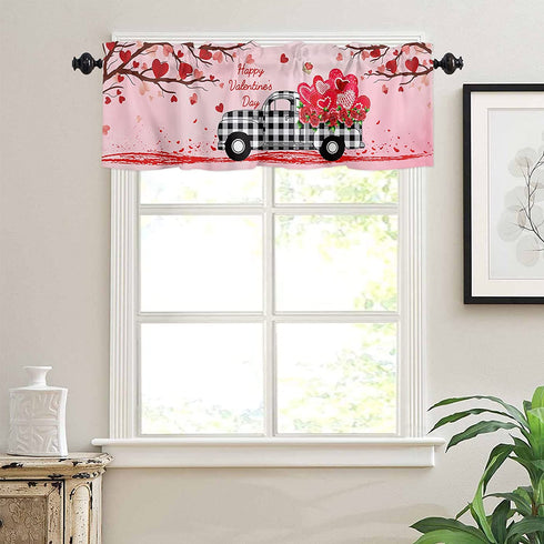 Kitchen Cafe Window Valance Valentine's Day Red Love Tree Rod Pocket Short Curtain Panel Spring Curtains, Romantic Farm Truck with Heart Window Treatments Drapes for Living Room Bathroom Bedroom