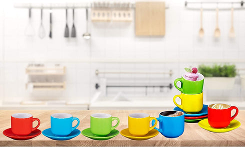Espresso Cups with Saucers by Bruntmor - 4 ounce - Multi-Color, Chip Resistant, Stackable Set of 4, Perfect for Home and Office