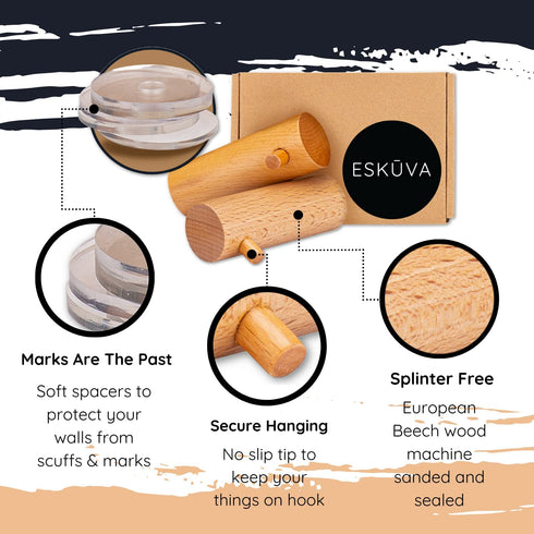 ESK?VA Beech Wood Wall Hooks 5 Pack - 3 Inch Coat Hooks Hat Rack for Wall - Wooden Wall Hooks for Hanging Towels Heavy Duty - Backpack Hanger Key Hooks Wall Mounted Decorative Design
