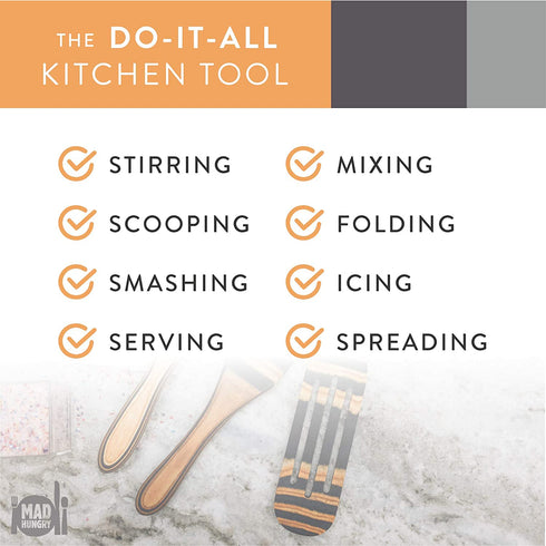 Mad Hungry Spurtle Pakkawood Set 3-Piece - Kitchen Spatula Spoon Tools for Cooking, Narrow Jar Scraper, Mixing Spoons, Icing Cake & Frosting Knife Spreader, Slim & Slotted Thin Paddle Pakka Spurtles