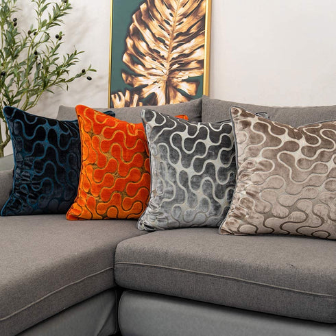 Yangest Burnt Orange Velvet Geometric Square Throw Pillow Cover Wavy Line Cushion Case Modern Zippered Pillowcase for Sofa Couch Bedroom Living Room Chair, 18 x 18 Inch