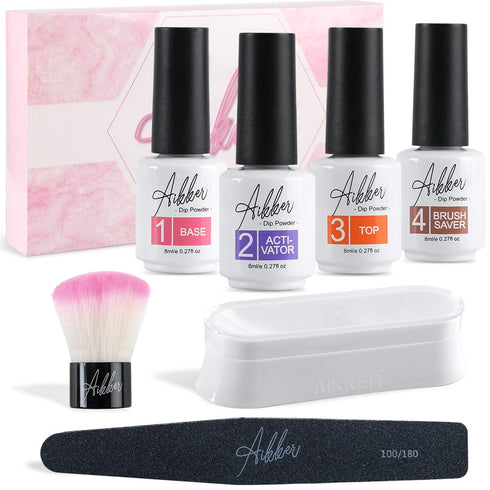 Aikker Dip Powder Gel Liquid Set 7pcs Base Top Coat Activator Dipping Powder Tools Kit with Recycling Tray Nail Brush File AK19