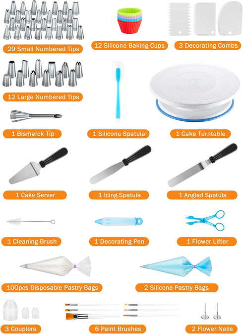 Kootek 178 Pcs Cake Decorating Kit Supplies with Cake Turntable Numbered Piping Tips E-book Guide Pastry Bags Frosting Spatula Icing Smoother Decoration Pen Cake Paint Brush Silicone Baking Cups