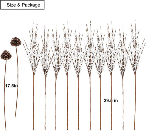 Houele - Long Stem Artificial Flowers for Tall Vase, Fake Branches, Pussy Willow Branches Home Vase Fillers for Home Hotel Office Bedroom DIY Decor (10 Pcs White + 2 Pcs Pine Cones)