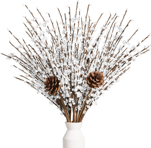 Houele - Long Stem Artificial Flowers for Tall Vase, Fake Branches, Pussy Willow Branches Home Vase Fillers for Home Hotel Office Bedroom DIY Decor (10 Pcs White + 2 Pcs Pine Cones)