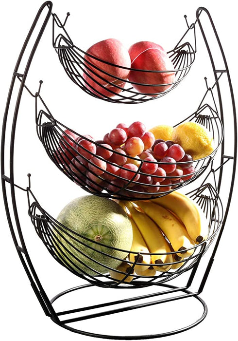 YCOCO 3 tier fruit basket for kitchen,Black,Detachable countertop metal food Vegetable Storage Stand,for farmhouse,living room,dining room
