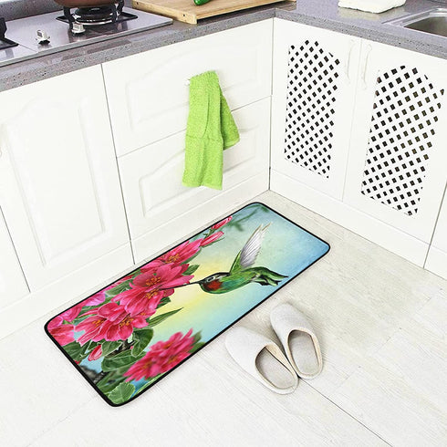 Spring Hummingbird Kitchen Rug Cherry Red Flower Kitchen Mat Summer Blue Sky Floral Leaves Floor Mat Non Slip Area Rugs for Home Decor 39" X 20"