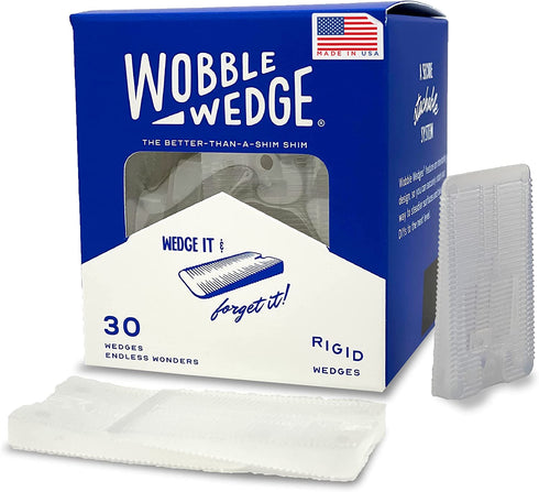 WOBBLE WEDGES Rigid Plastic Shims, 30 Pack - Made in USA - Multi-Purpose Shim Wedges for Home Improvement & Work - Plastic Wedge Furniture Levelers, Table & Toilet Shims, Leveling Feet - Translucent