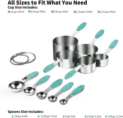 Measuring Cups : U-Taste 18/8 Stainless Steel Measuring Cups and Spoons Set of 10 Piece, Upgraded Thickness Handle(Aqua Sky)