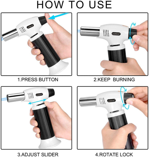CORKAS Blow Torch, Professional Butane Torch Lighter with Safety Lock and Adjustable Flame for Desserts, Creme Brulee, BBQ and Baking Black&White(Gas Not Included)