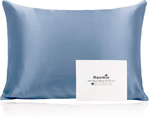 Ravmix 21Momme Silk Pillowcase for Hair and Skin with Hidden Zipper, Both Sides 100% Mulberry Silk, 1PCS, Standard Size 20×26inches, Flint Blue